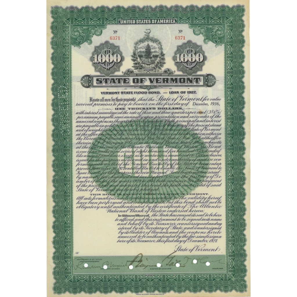 STATE OF VERMONT - 1000 DOLLARI - 1927