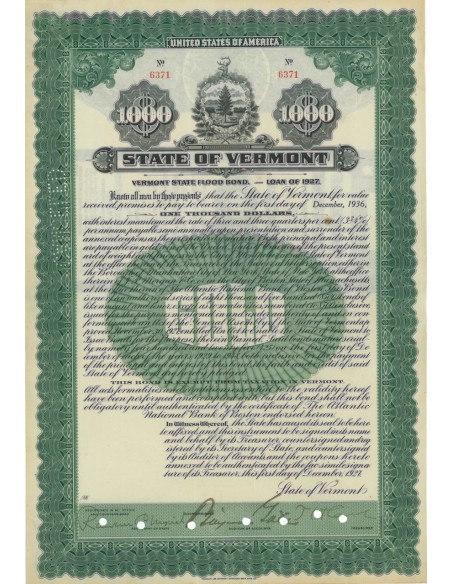 STATE OF VERMONT - 1000 DOLLARI - 1927