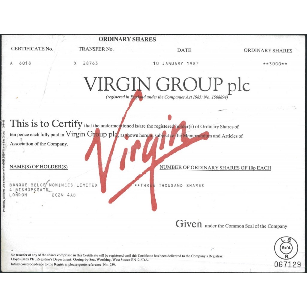 VIRGIN GROUP PLC - 300 AZIONI - 1987