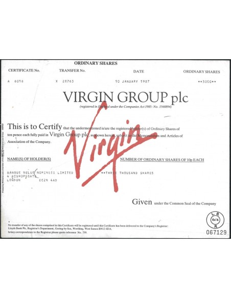 VIRGIN GROUP PLC - 300 AZIONI - 1987