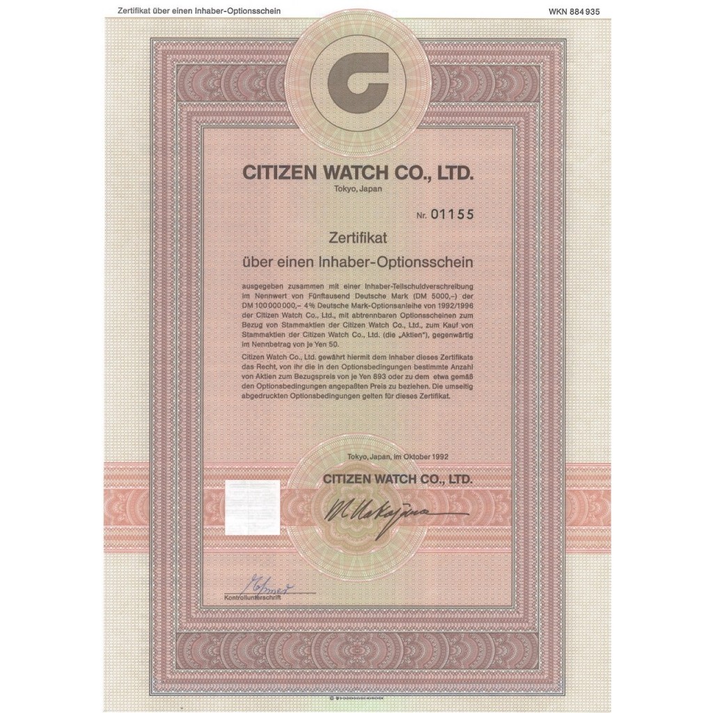 CITIZEN WATCH CO.L LTD - 1 OBBLIGAZIONE - 1992