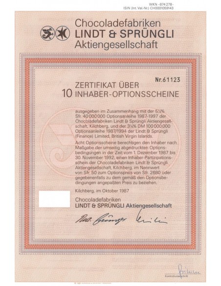 CHOCOLADEFABRIKEN LINDT AND SPRUNGLI - 10 OBBLIG. 1987