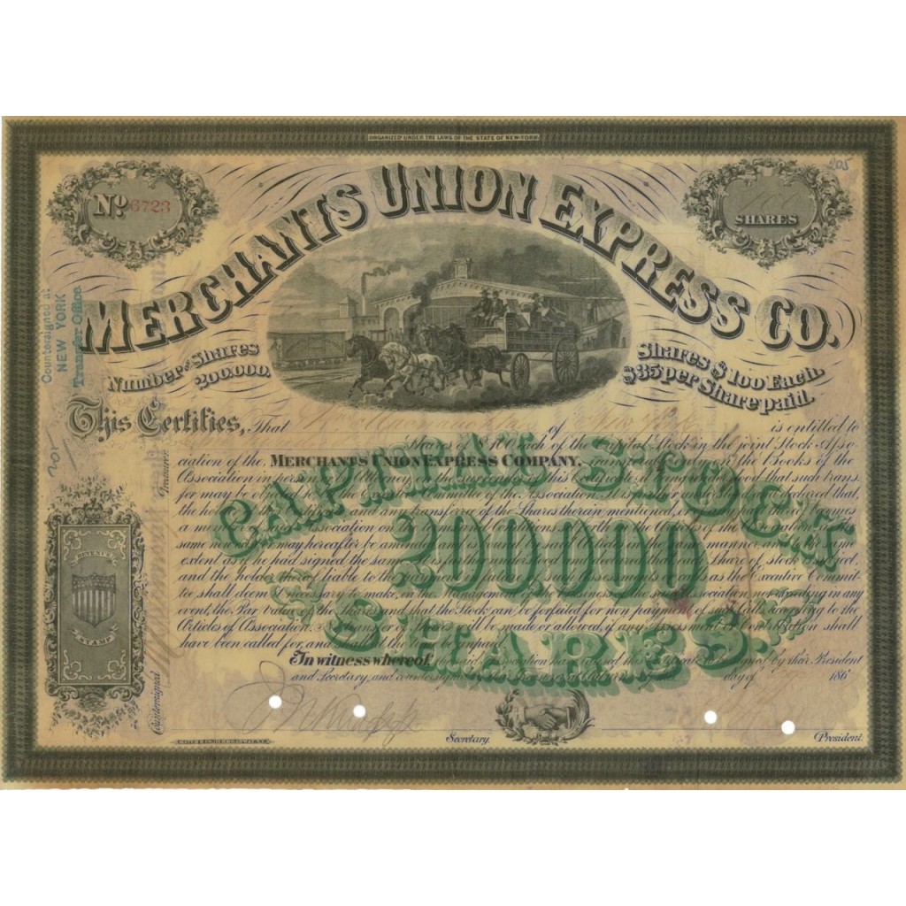 MERCHANTS UNION EXPRESS CO. 100 AZIONI - 1863