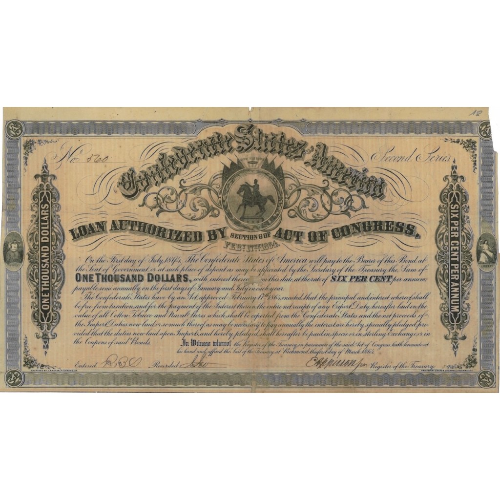 CONFEDERATE STATES AMERICAN LOAN - 1000 DOLLARI - 1864
