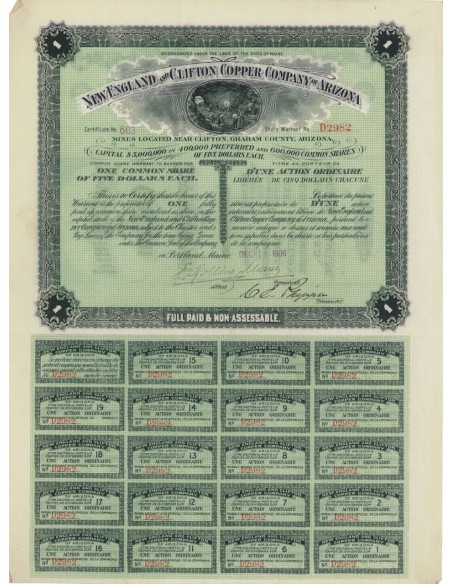NEW ENGLAND AND CLIFTON COPPER COMPANY OF ARIZONA 1 AZIONE 1906