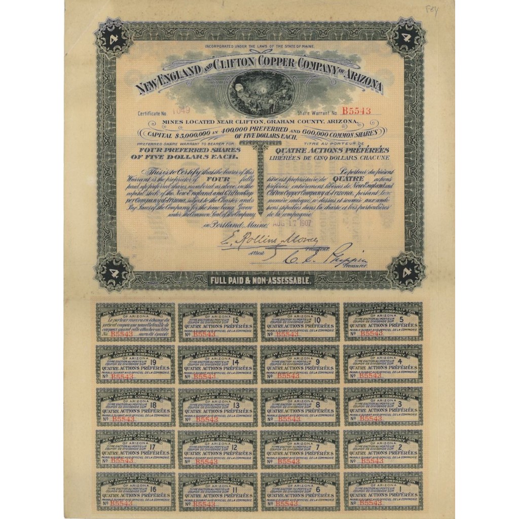 NEW ENGLAND AND CLIFTON COPPER COMPANY OF ARIZONA 4 AZIONE 1907