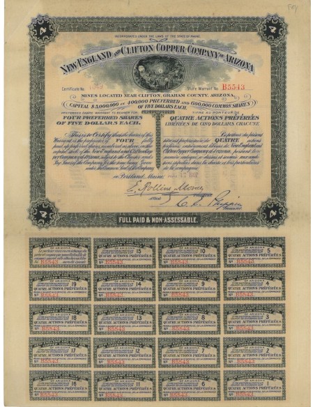NEW ENGLAND AND CLIFTON COPPER COMPANY OF ARIZONA 4 AZIONE 1907