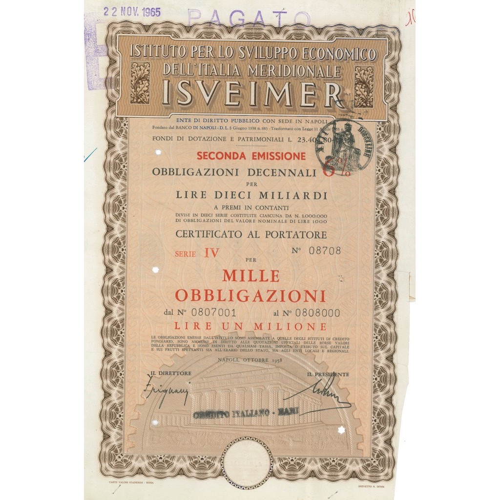 ISVEIMER - Certificato da mille obbligazioni, colore marrone