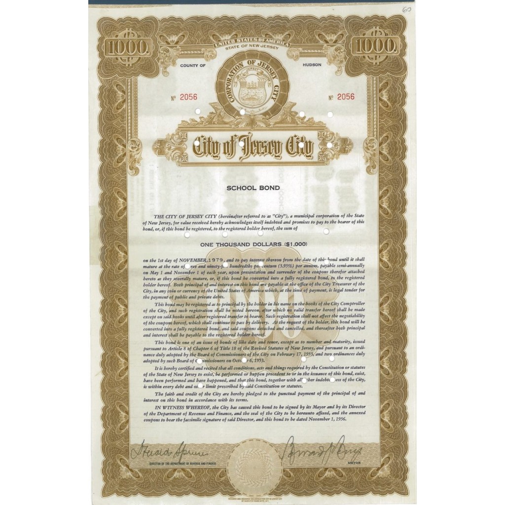 CITY OF JERSEY CITY - SCHOOL BOND - 1000 DOLLARI - 1956
