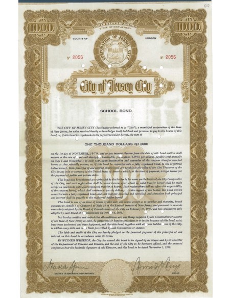 CITY OF JERSEY CITY - SCHOOL BOND - 1000 DOLLARI - 1956