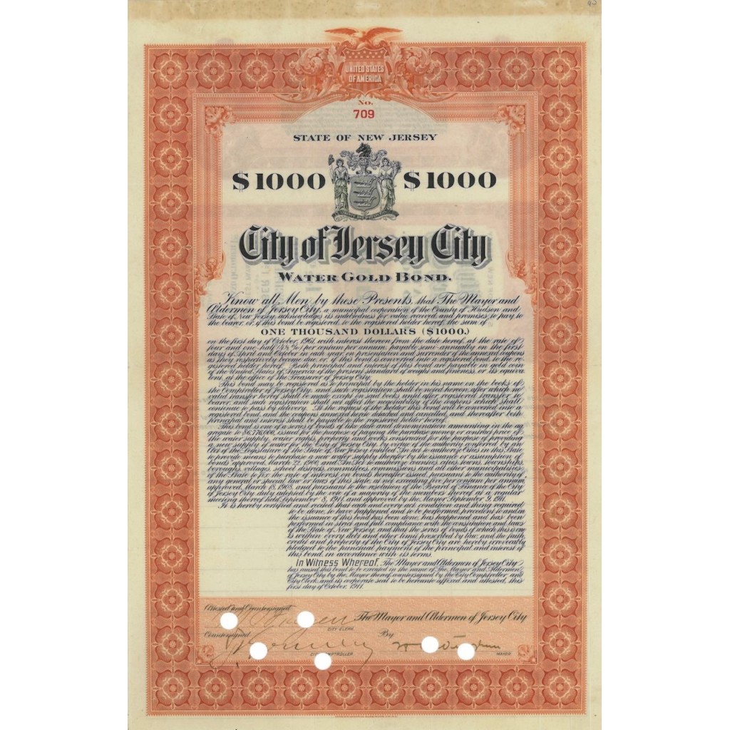 CITY OF JERSEY CITY - SCHOOL BOND - WATER GOLD BOND - 1961