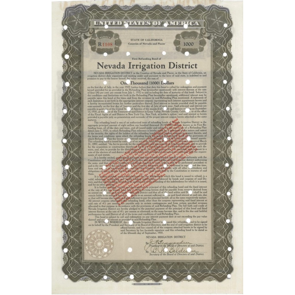 NEVADA IRRIGATION DISTRICT - 1000 DOLLARI - 1931