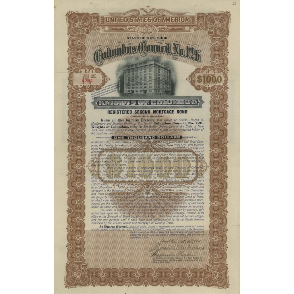 COLUMBUS COUNCIL NO. 126 - 1000 DOLLARI - 1924