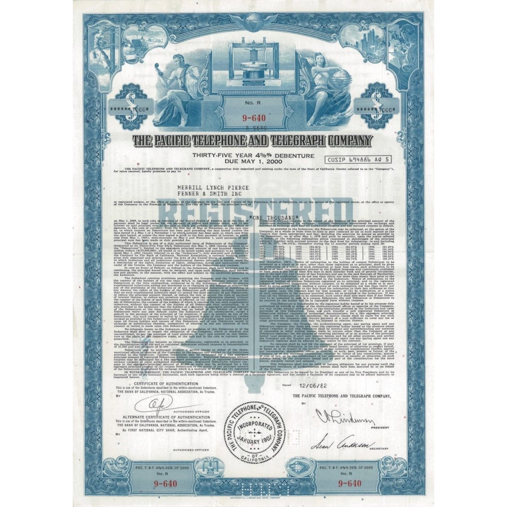 THE PACIFIC TELEPHONE AND TELEGRAPH COMPANY - 1000 DOLLARI - 1982