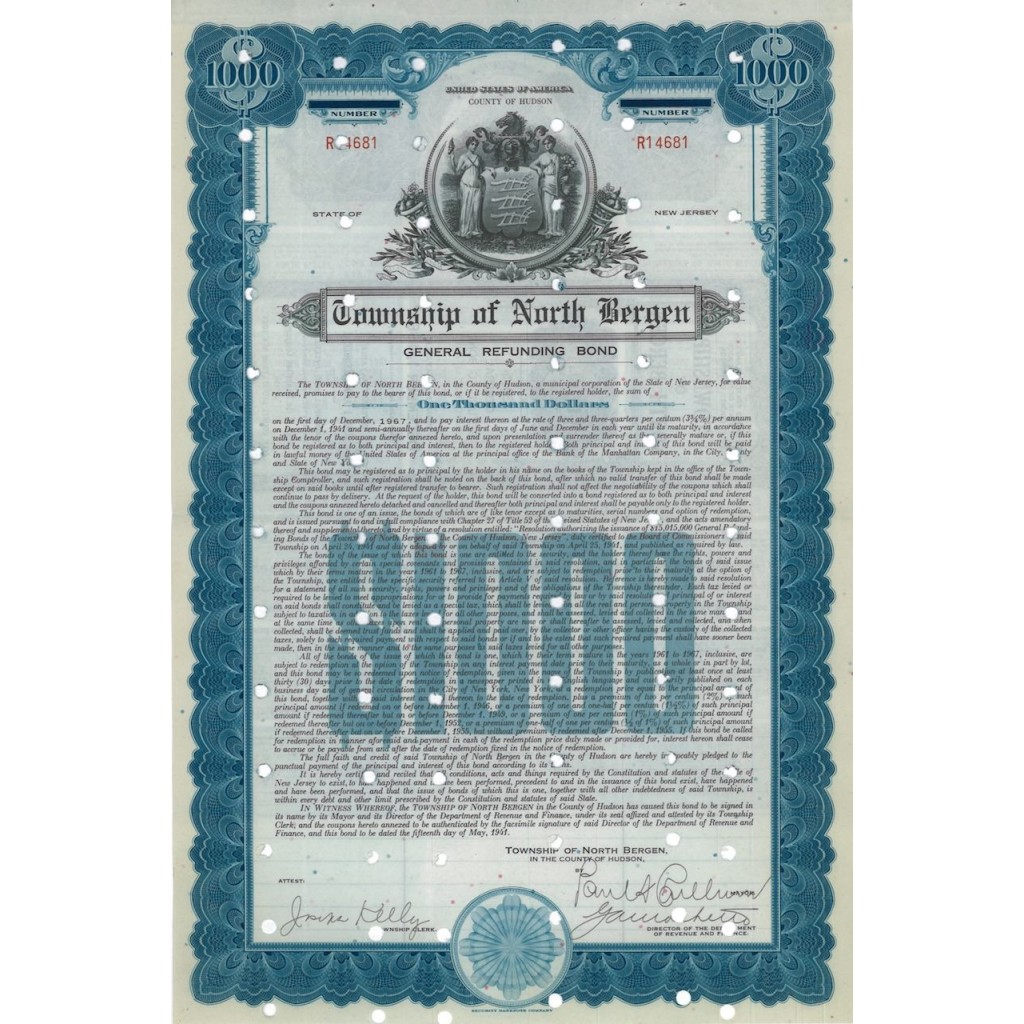 TOWNSHIP OF NORTH BERGEN - 1000 DOLLARI - 1941