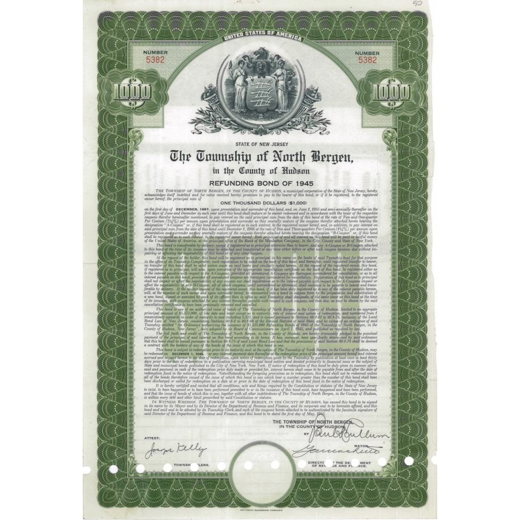 TOWNSHIP OF NORTH BERGEN - 1000 DOLLARI - 1945