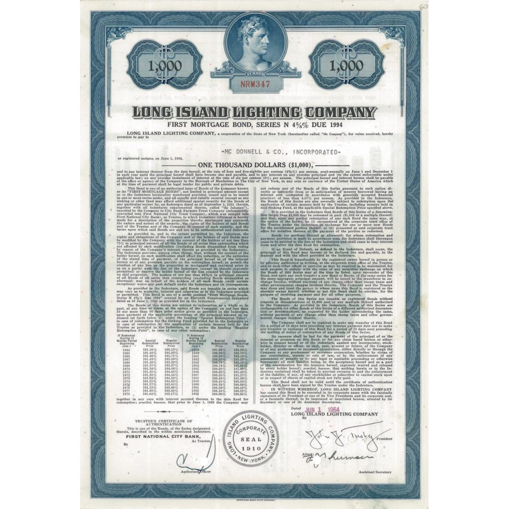 LONG ISLAND LIGHTING COMPANY - 1000 DOLLARI - 1964
