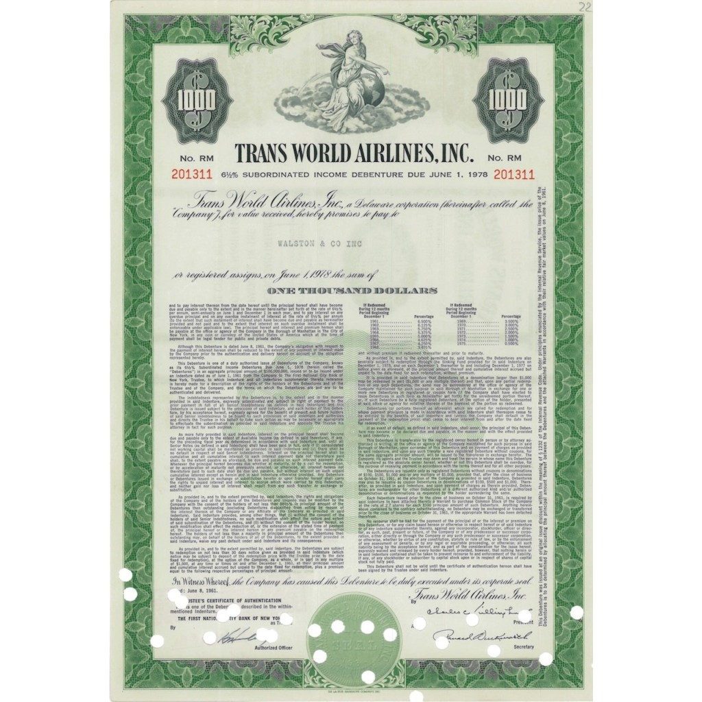 TRANS WORLD AIRLINES, INC. - 1000 DOLLARI - 1978