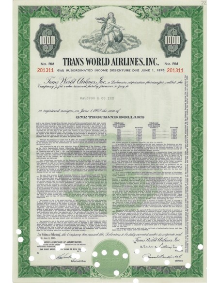 TRANS WORLD AIRLINES, INC. - 1000 DOLLARI - 1978