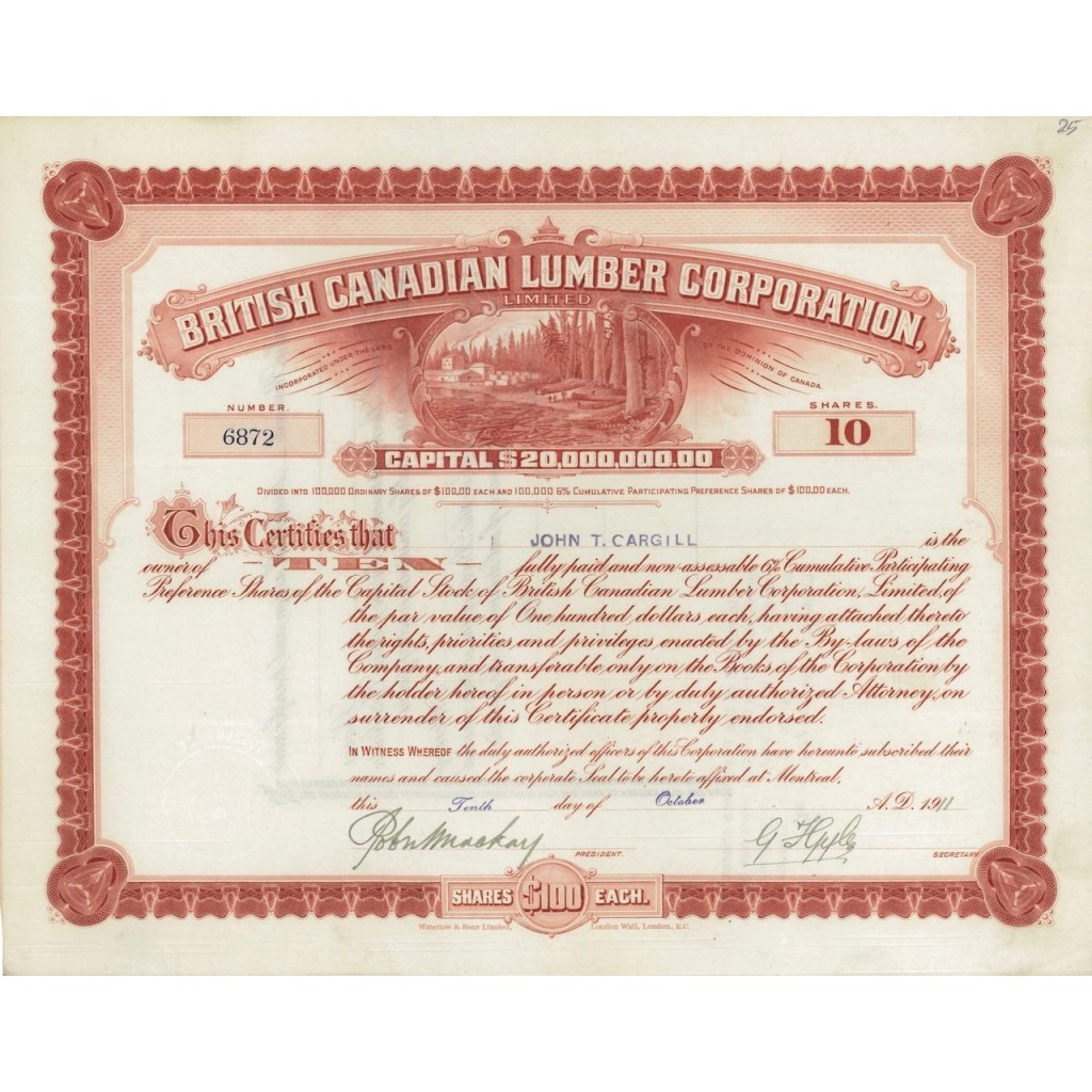 BRITISH CANADIAN LUMBER CORPORATION - 10 AZIONI - 1911