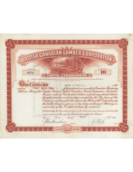 BRITISH CANADIAN LUMBER CORPORATION - 10 AZIONI - 1911