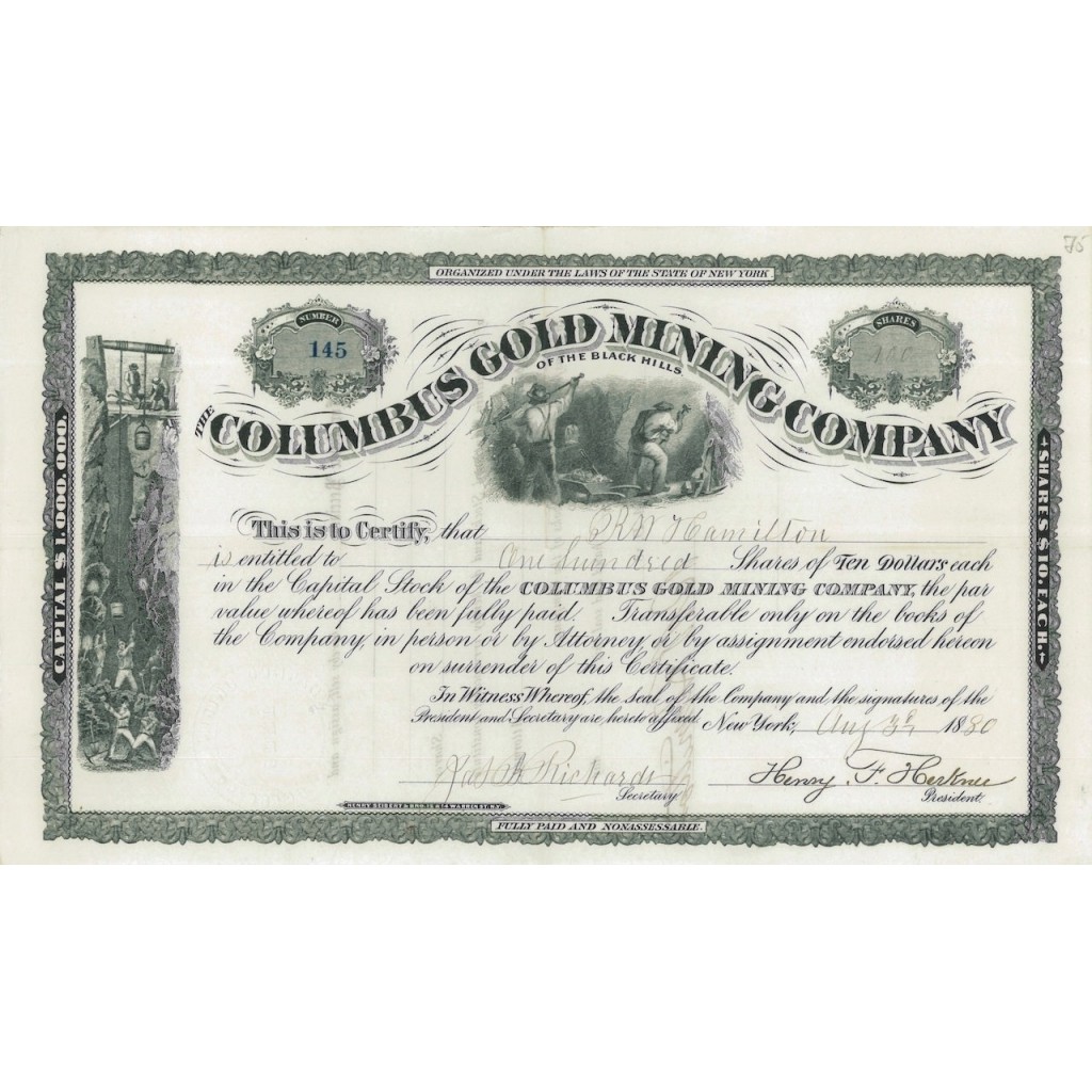 THE COLUMBUS GOLD MINING COMPANY - 100 AZIONI - 1880