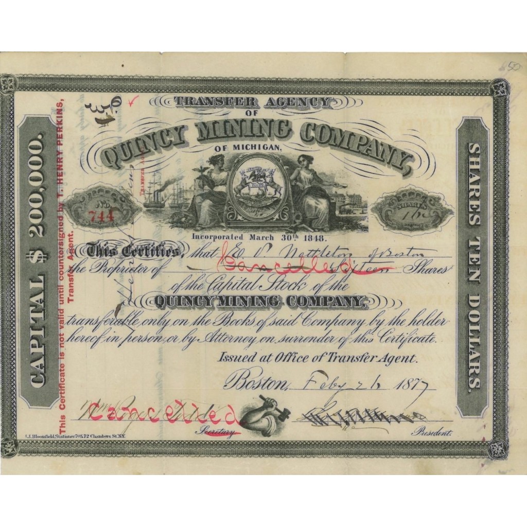 QUINCY MINING COMPANY - 16 AZIONI - 1879