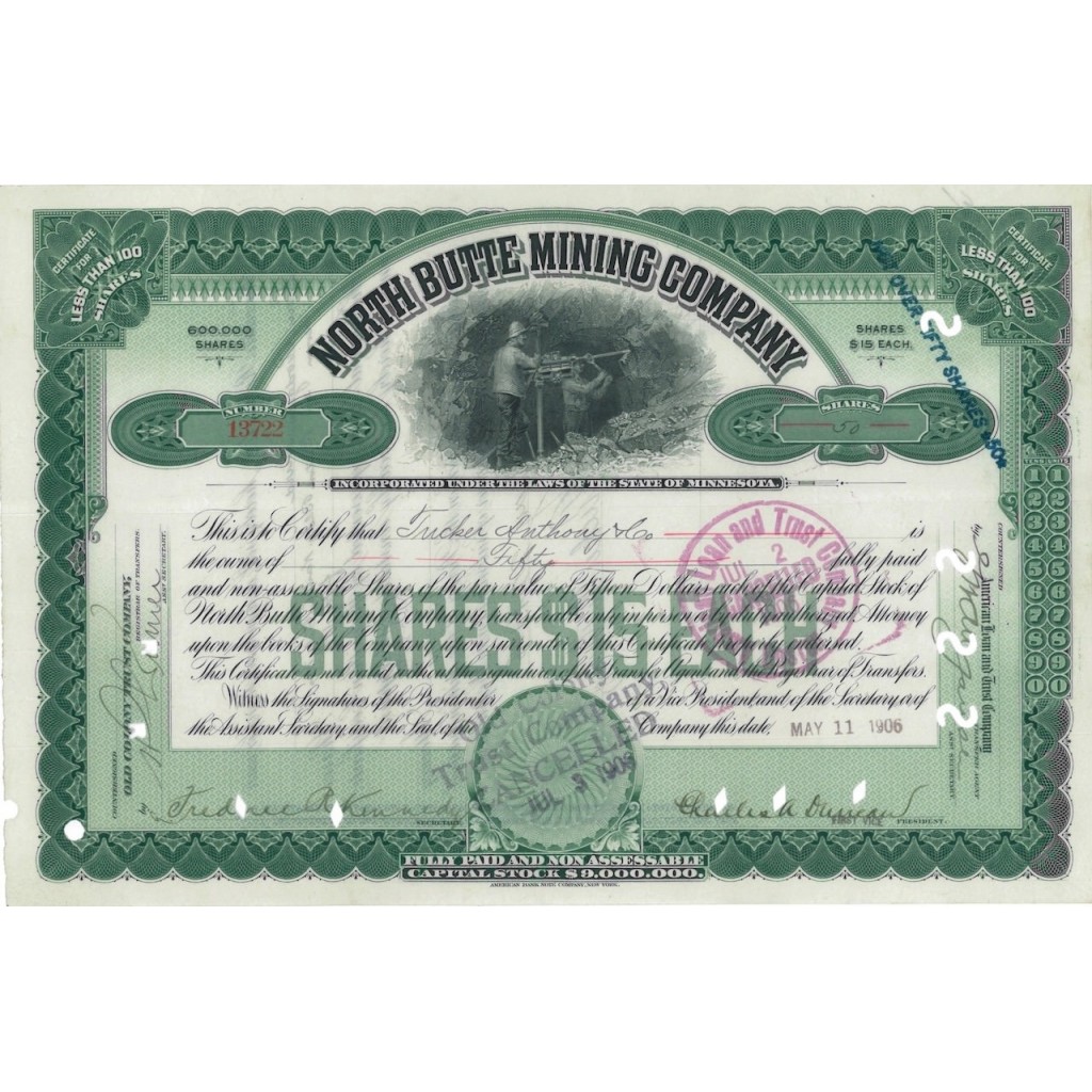 NORTH BUTTE MINING COMPANY - 50 AZIONI - 1906