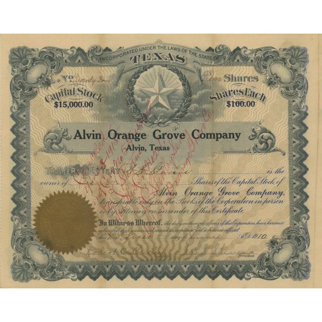 ALVIN ORANGE GROVE COMPANY - 100 AZIONI - 1910