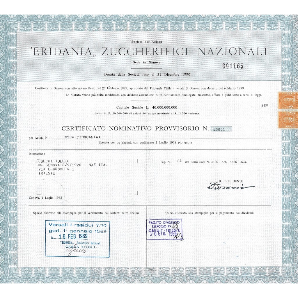 ERIDANIA ZUCCHERIFICI NAZIONALI - CERT. NOMINATIVO PROVVISORIO GENOVA 1968