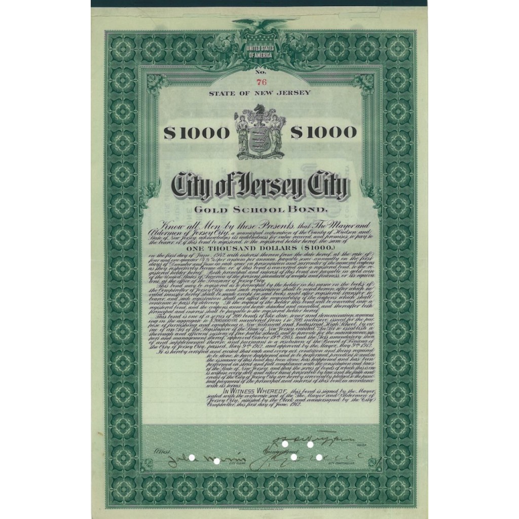 CITY OF JERSEY CITY - 1000 DOLLARI - 1912