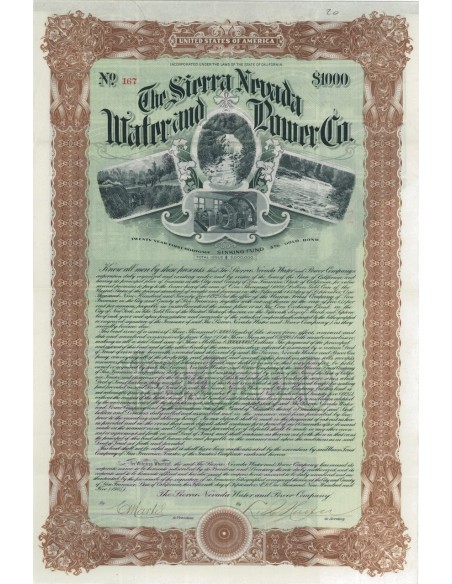 THE SIERRA NEVADA WATER AND POWER COMPANY - 1000 DOLLARI - 1905