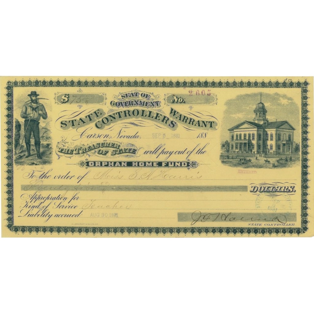 STATE CONTROLLERS WARRANT - 75 DOLLARI - 1881