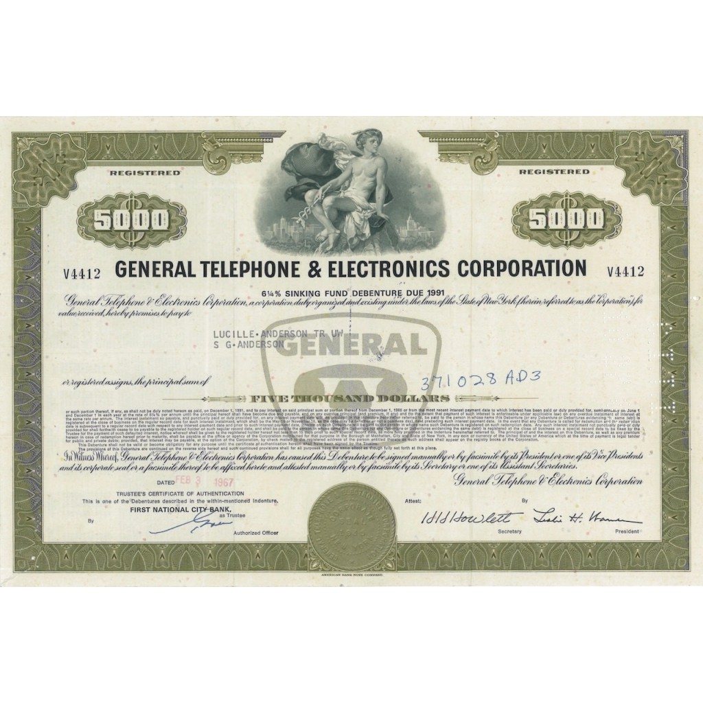 GENERAL TELEPHONE AND ELETTRONICS CORP. 5000 DOLLARI - 1967