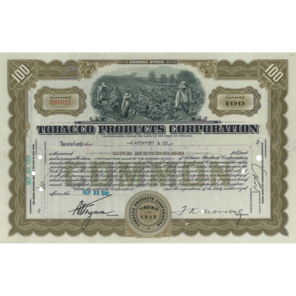 TOBACCO PRODUCTS CORPORATION - 100 AZIONI - 1930