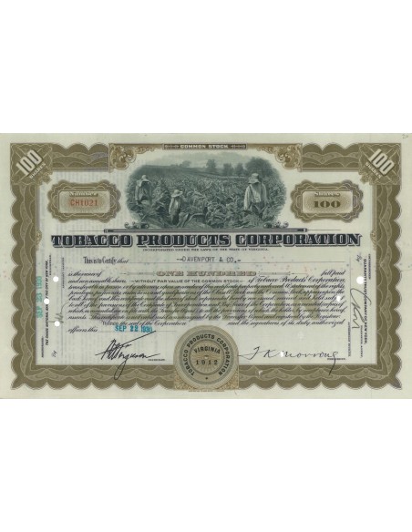 TOBACCO PRODUCTS CORPORATION - 100 AZIONI - 1930