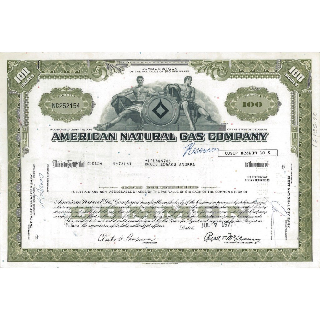 AMERICAN NATURAL GAS COMPANY - 100 AZIONI - 1971