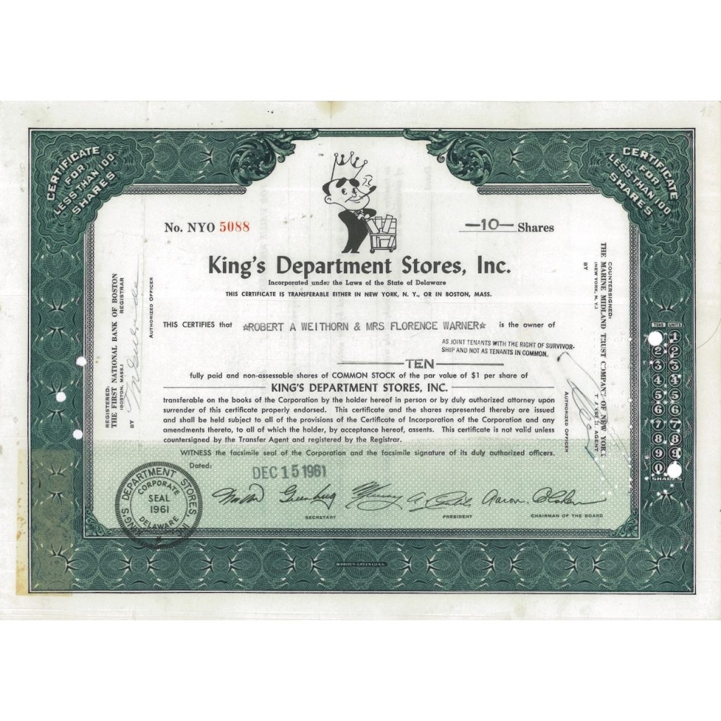 KING'S DEPARTMENT STORES, INC.10 AZIONI - 1961
