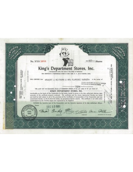 KING'S DEPARTMENT STORES, INC.10 AZIONI - 1961