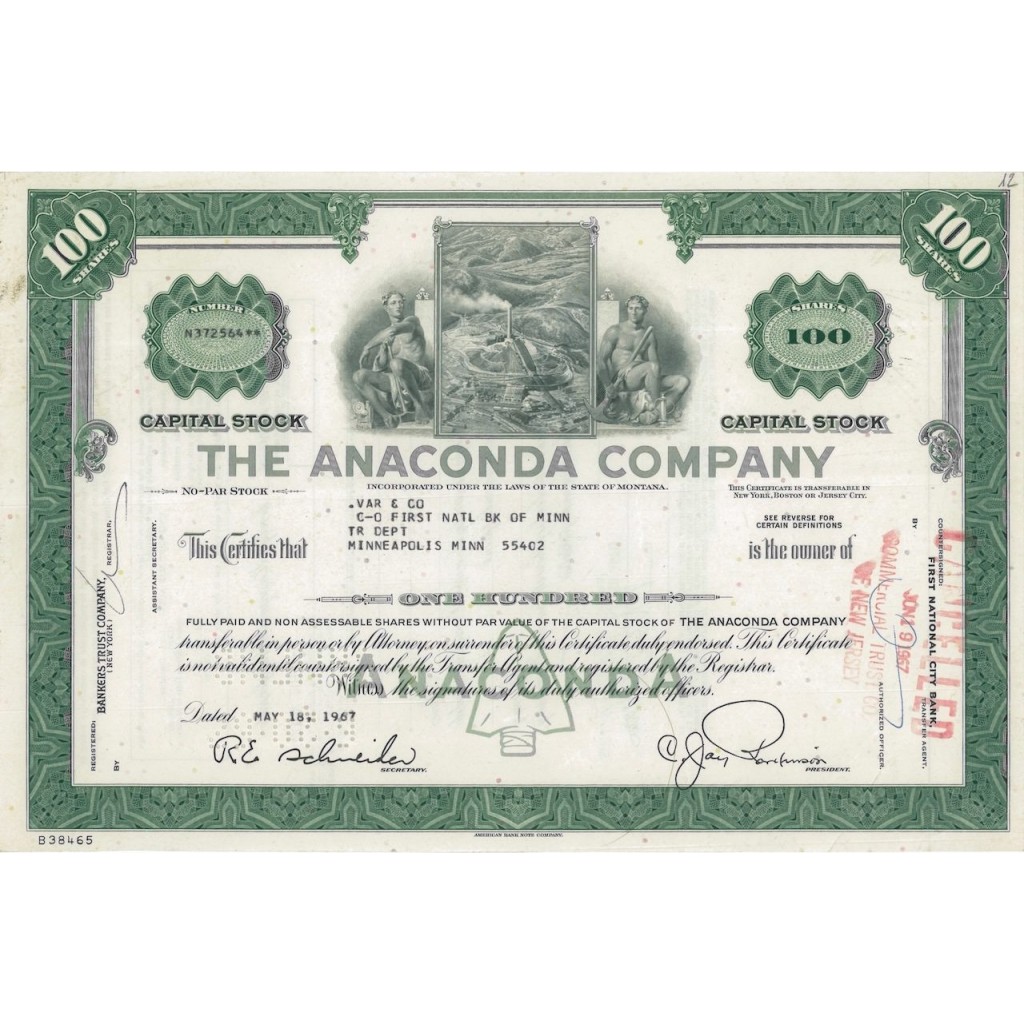 THE ANACONDA COMPANY - 100 AZIONI - 1967