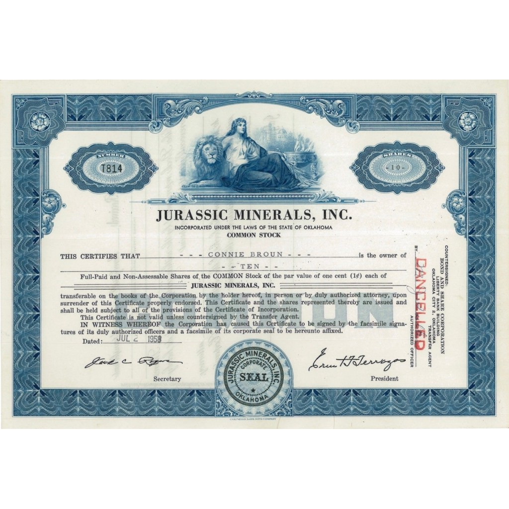 JURASSIC MINERALS, INC. 10 AZIONI - 1958