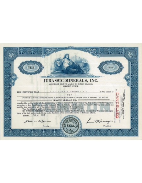 JURASSIC MINERALS, INC. 10 AZIONI - 1958