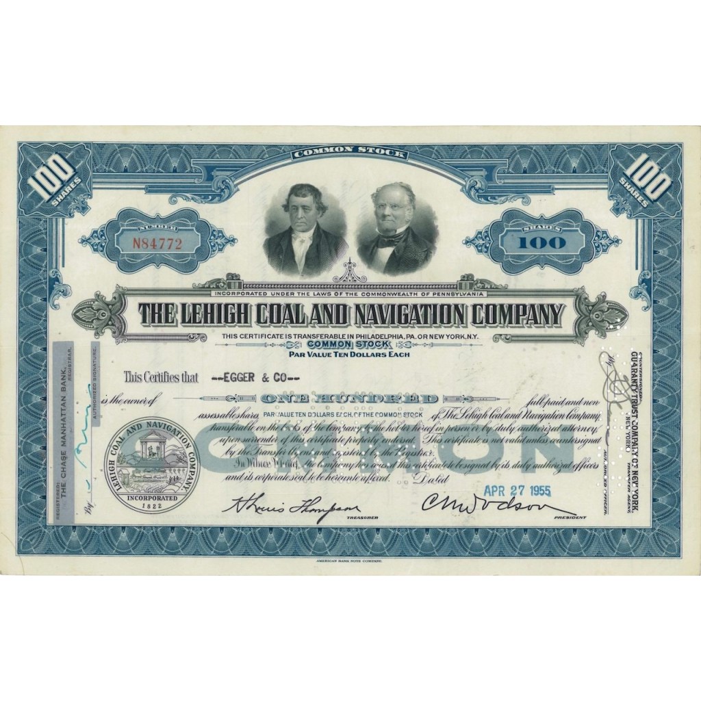 THE LEHIGH COAL AND NAVIGATION COMPANY - 100 AZIONI - 1955