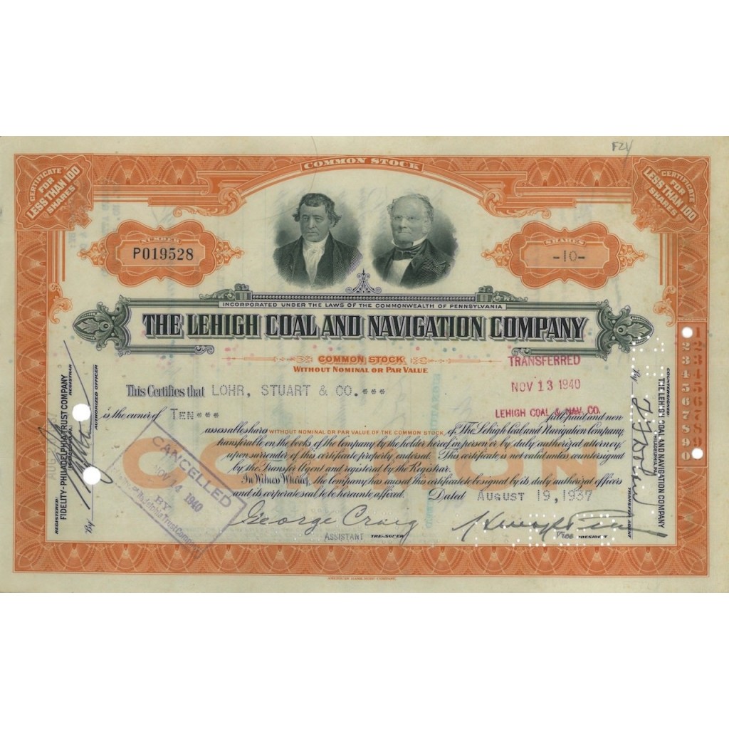 THE LEHIGH COAL AND NAVIGATION COMPANY - 10 AZIONI - 1937