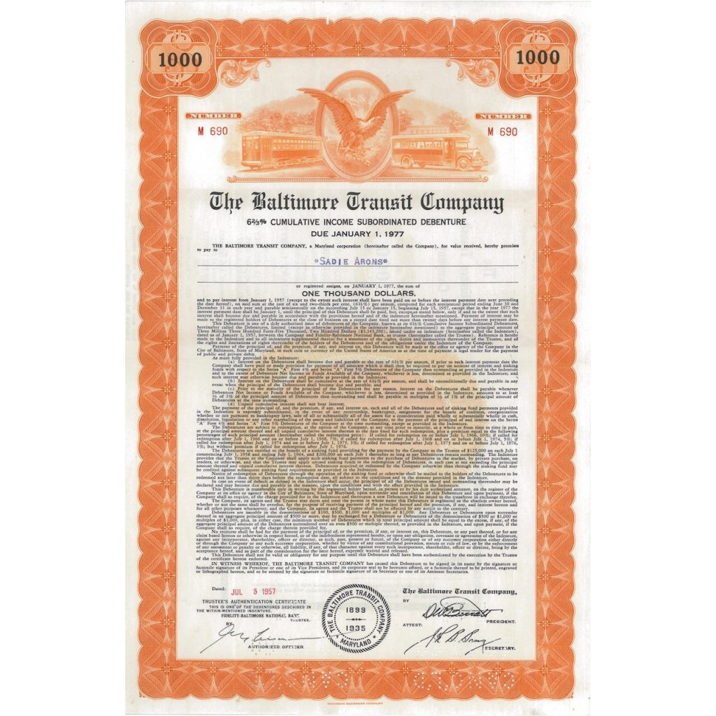 THE BALTIMORE TRANSIT COMPANY - 1000 DOLLARI - 1957