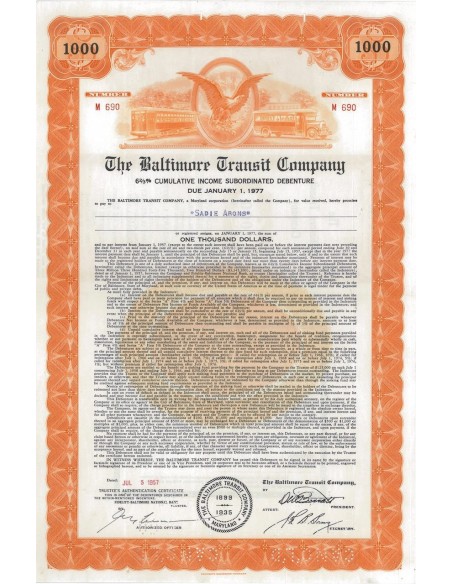 THE BALTIMORE TRANSIT COMPANY - 1000 DOLLARI - 1957
