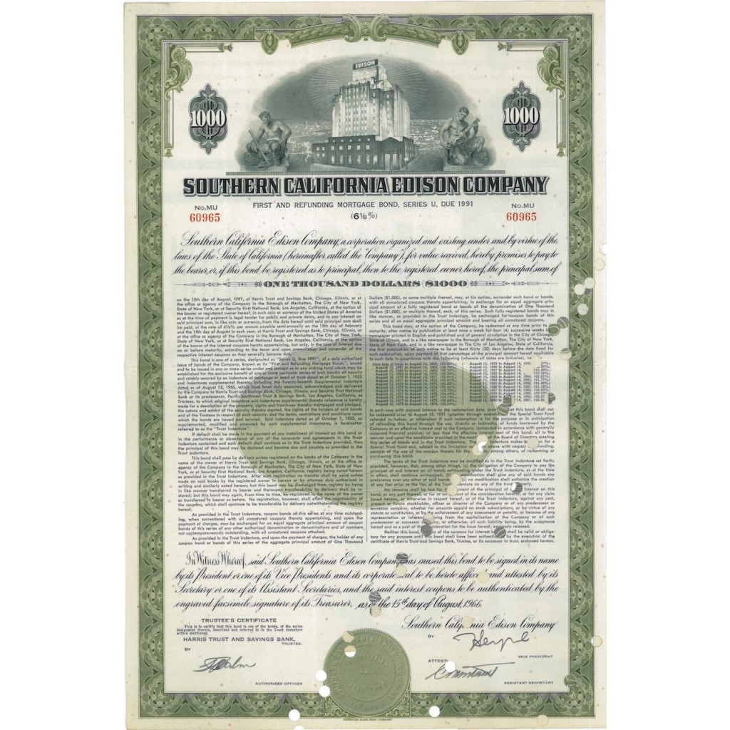 SOUTHERN CALIFORNIA EDISON COMPANY - 1000 DOLLARI 1966