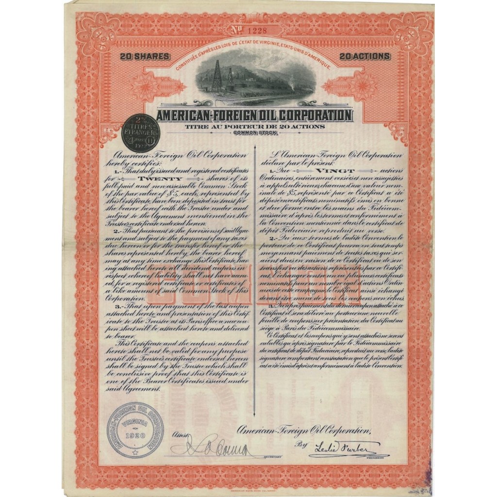 AMERICAN.FOREIGN OIL CORP. 20 AZIONI - 1920