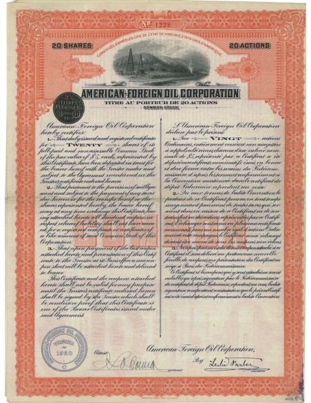 AMERICAN.FOREIGN OIL CORP. 20 AZIONI - 1920