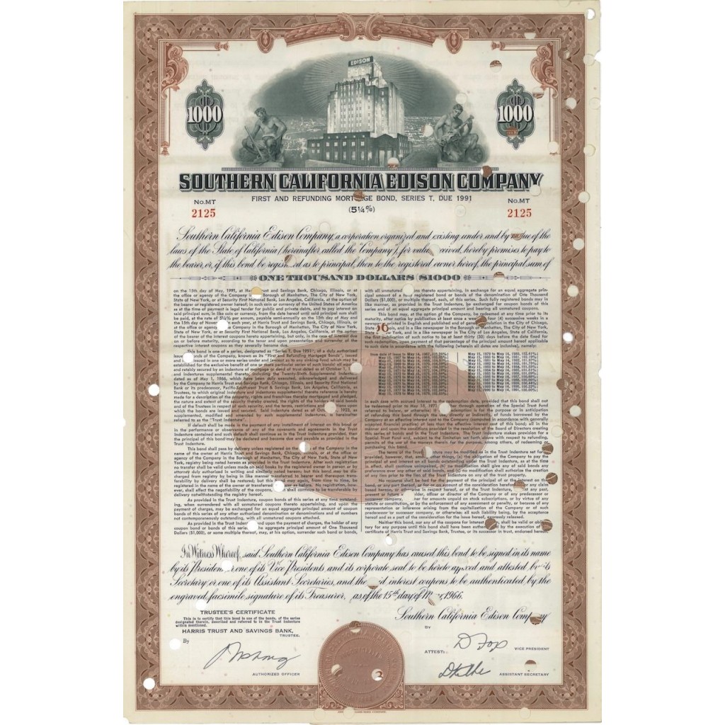 SOUTHERN CALIFORNIA EDISON COMPANY - 1000 DOLLARI 1966